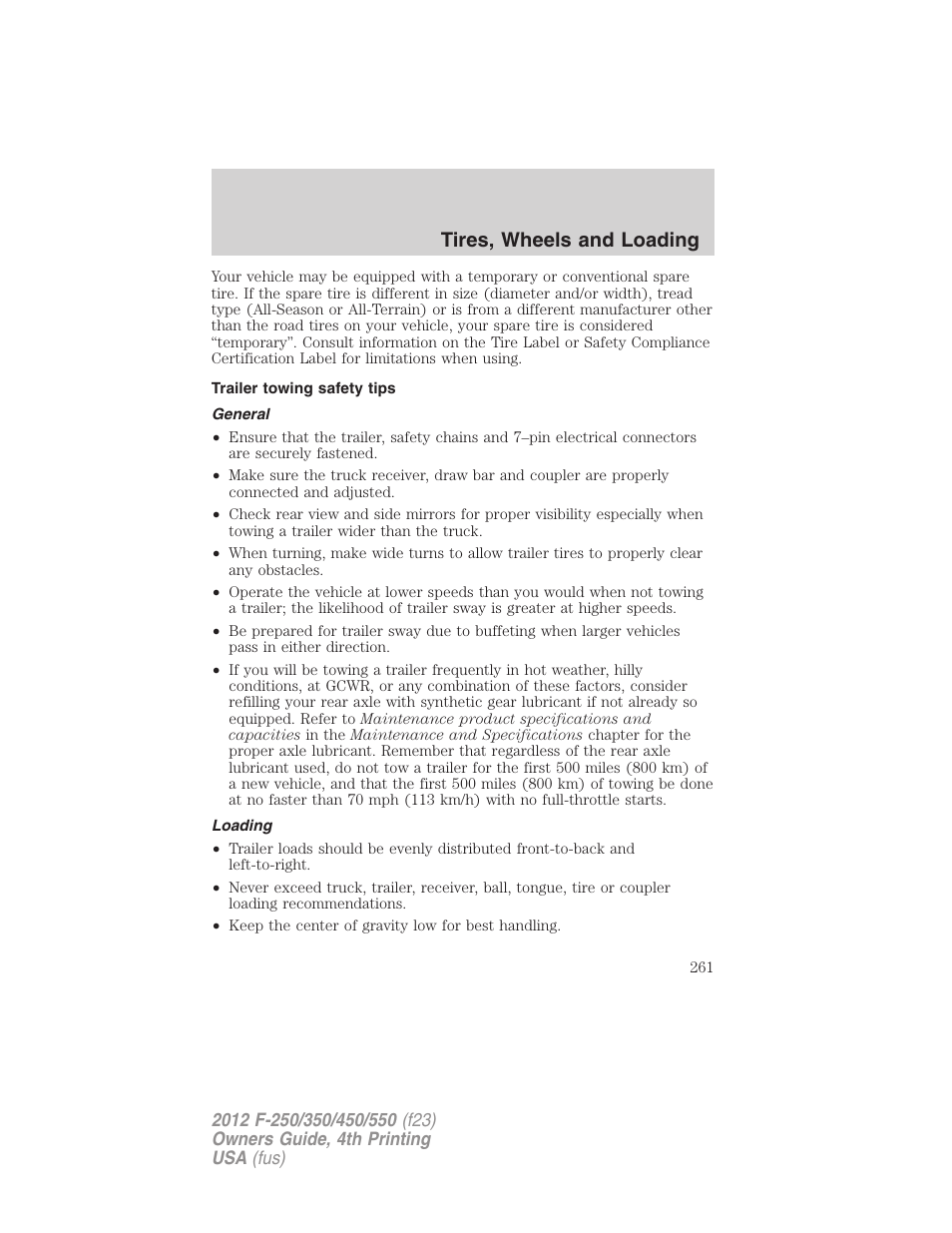Trailer towing safety tips, General, Loading | Tires, wheels and loading | FORD 2012 F-250 User Manual | Page 261 / 448