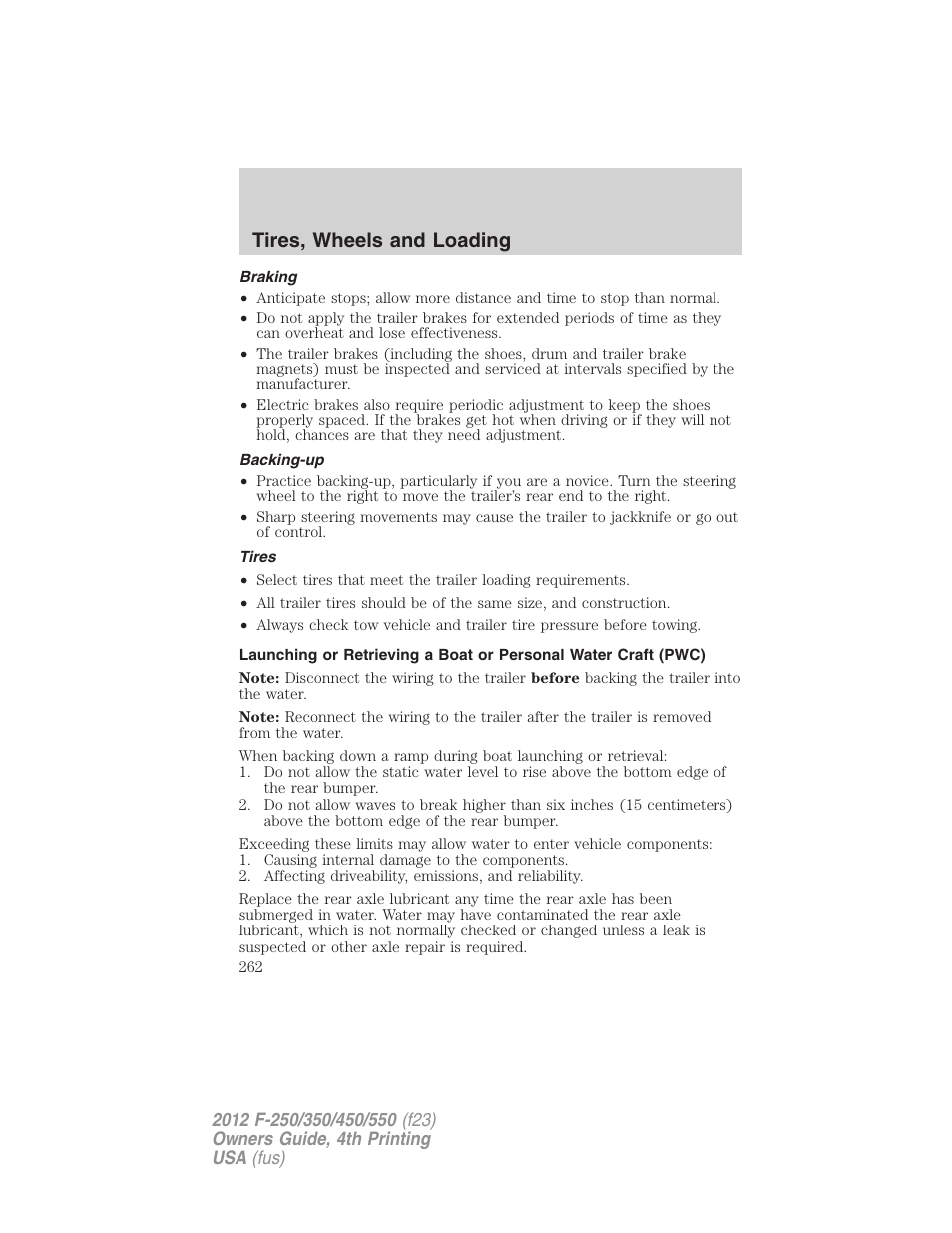 Braking, Backing-up, Tires | Tires, wheels and loading | FORD 2012 F-250 User Manual | Page 262 / 448