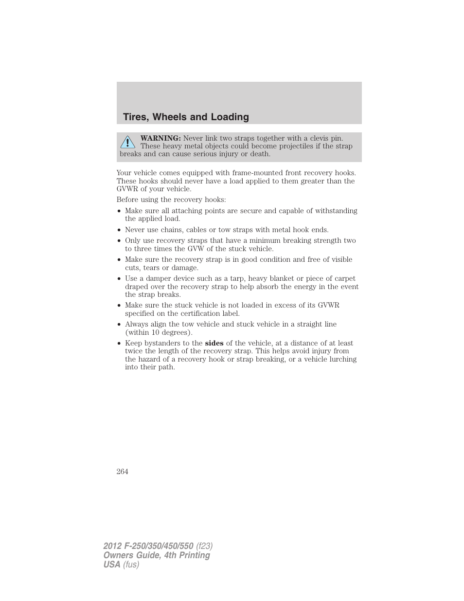 Tires, wheels and loading | FORD 2012 F-250 User Manual | Page 264 / 448