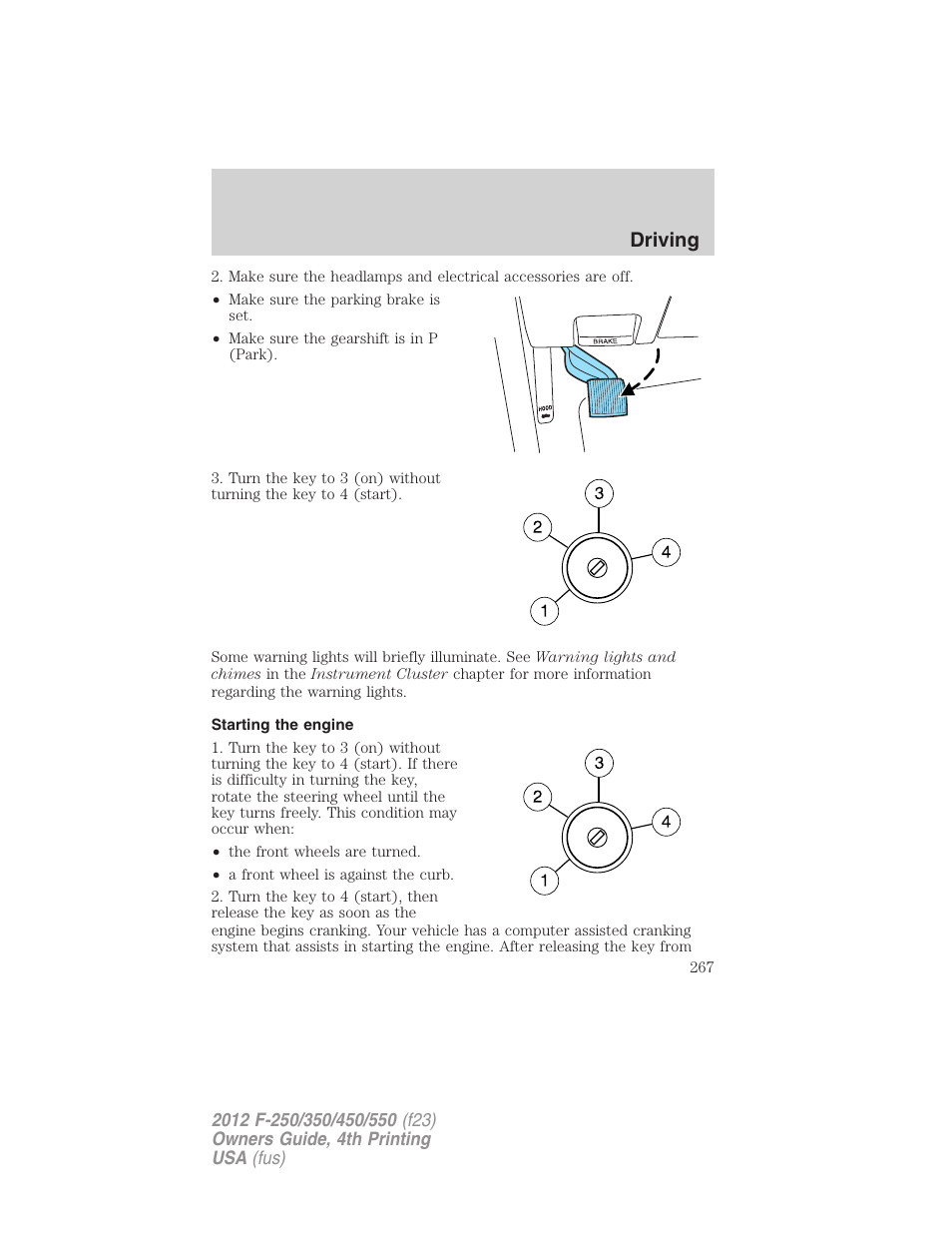 Starting the engine, Driving | FORD 2012 F-250 User Manual | Page 267 / 448
