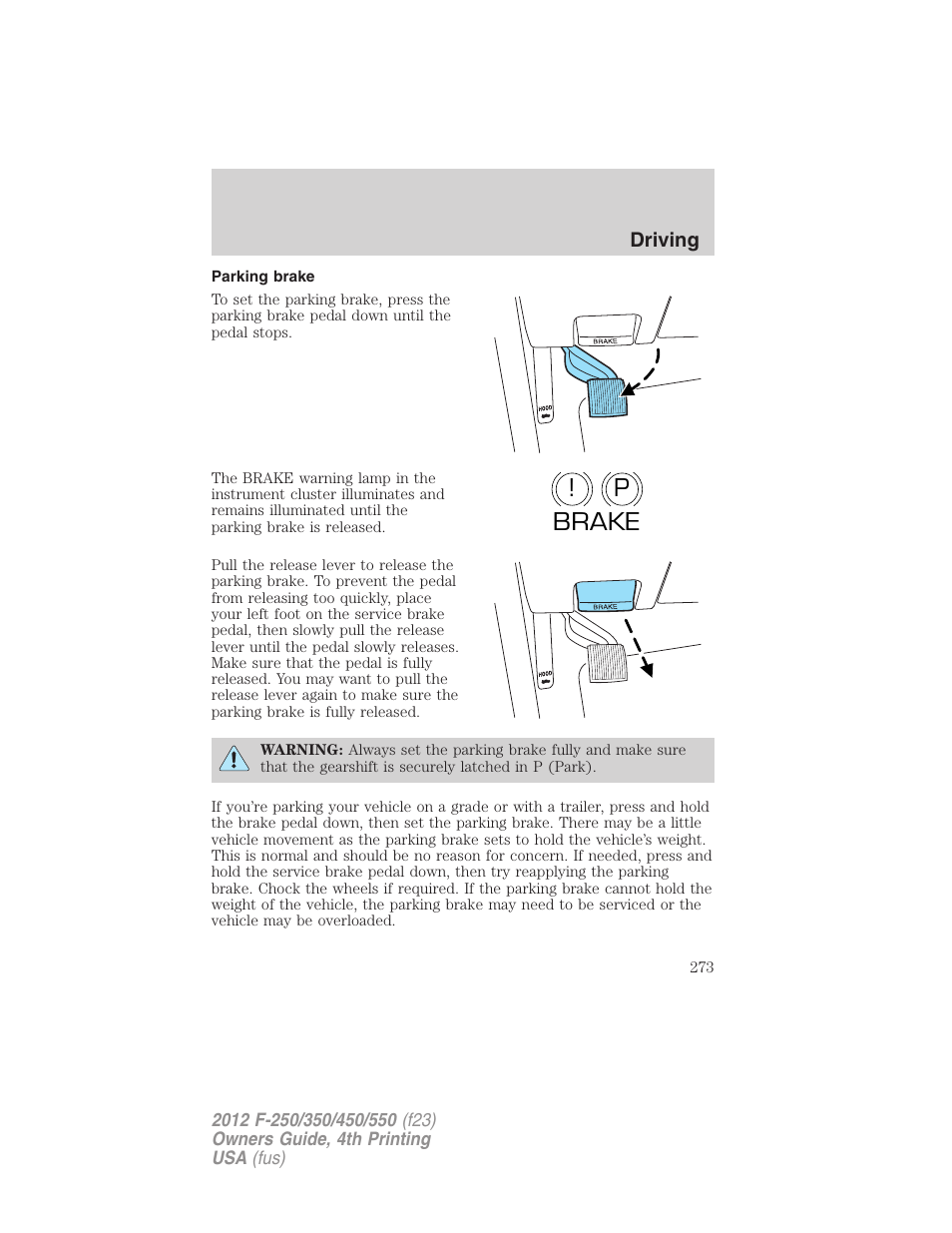Parking brake, P! brake | FORD 2012 F-250 User Manual | Page 273 / 448