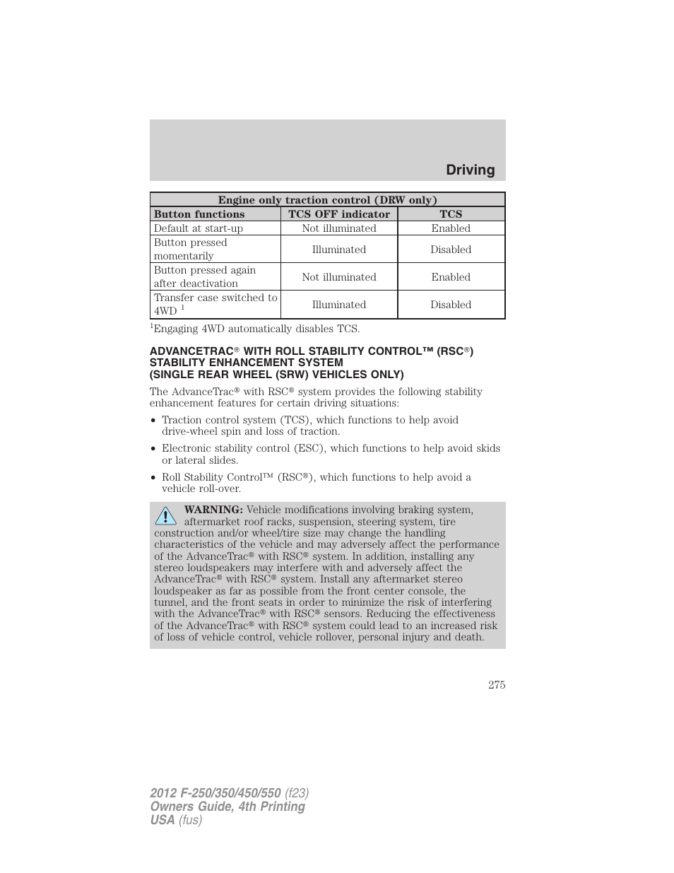 Advancetrac, Driving | FORD 2012 F-250 User Manual | Page 275 / 448