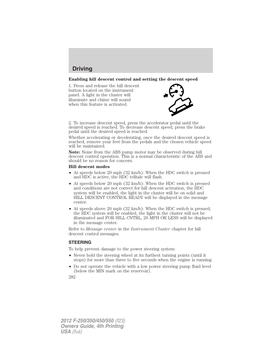 Steering, Driving | FORD 2012 F-250 User Manual | Page 282 / 448
