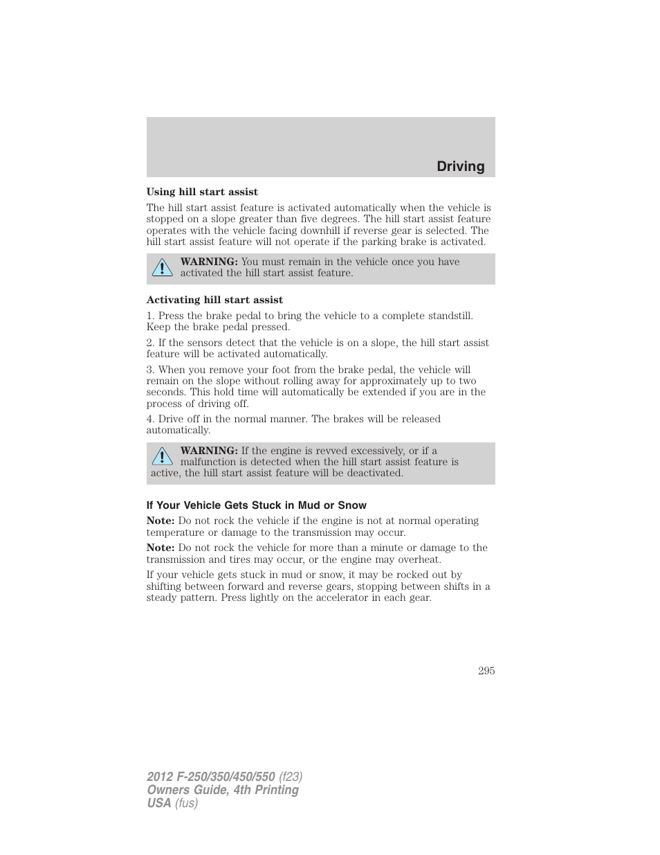 If your vehicle gets stuck in mud or snow, Driving | FORD 2012 F-250 User Manual | Page 295 / 448