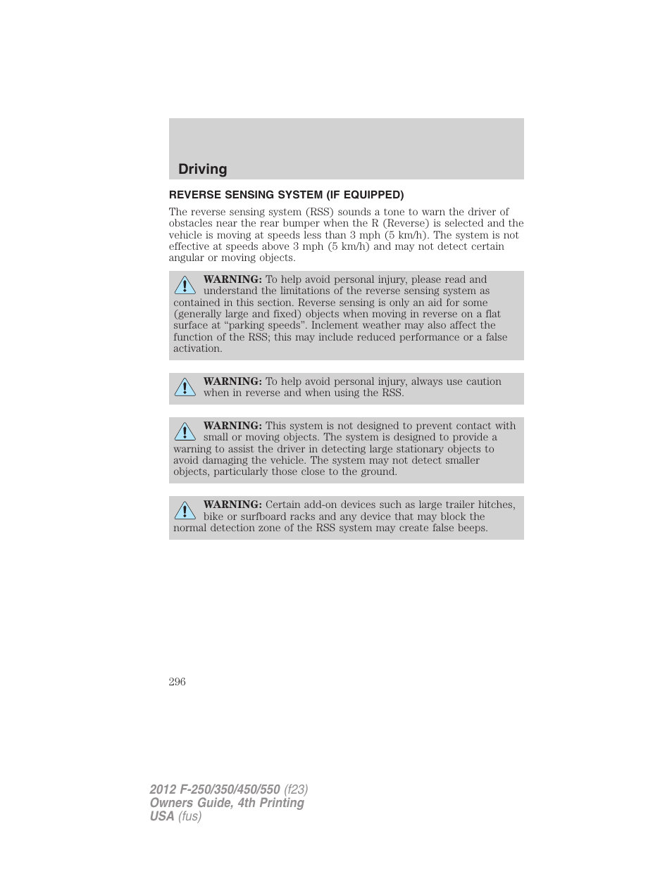 Reverse sensing system (if equipped), Reverse sensing system, Driving | FORD 2012 F-250 User Manual | Page 296 / 448