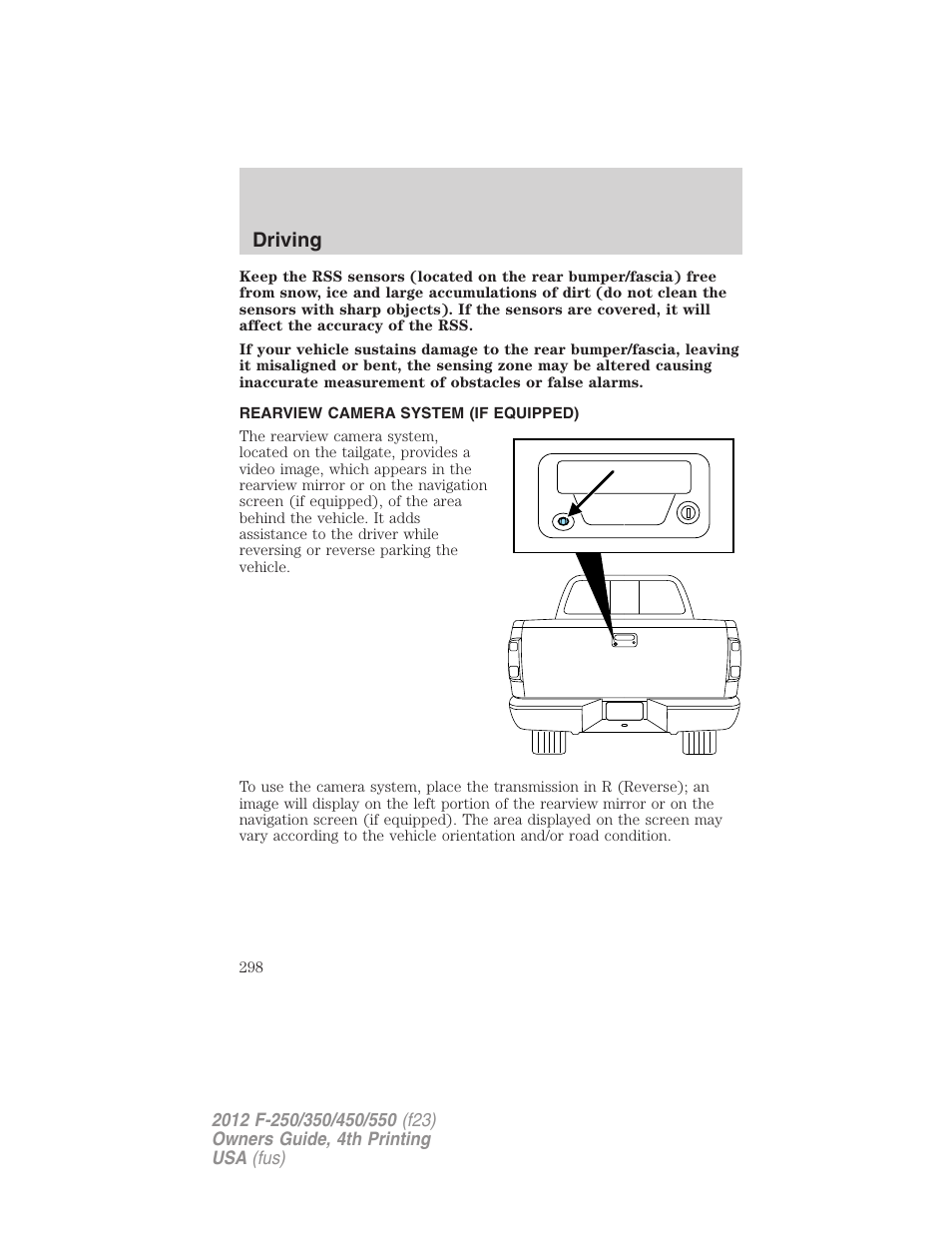 Rearview camera system (if equipped), Rear-view camera system, Driving | FORD 2012 F-250 User Manual | Page 298 / 448