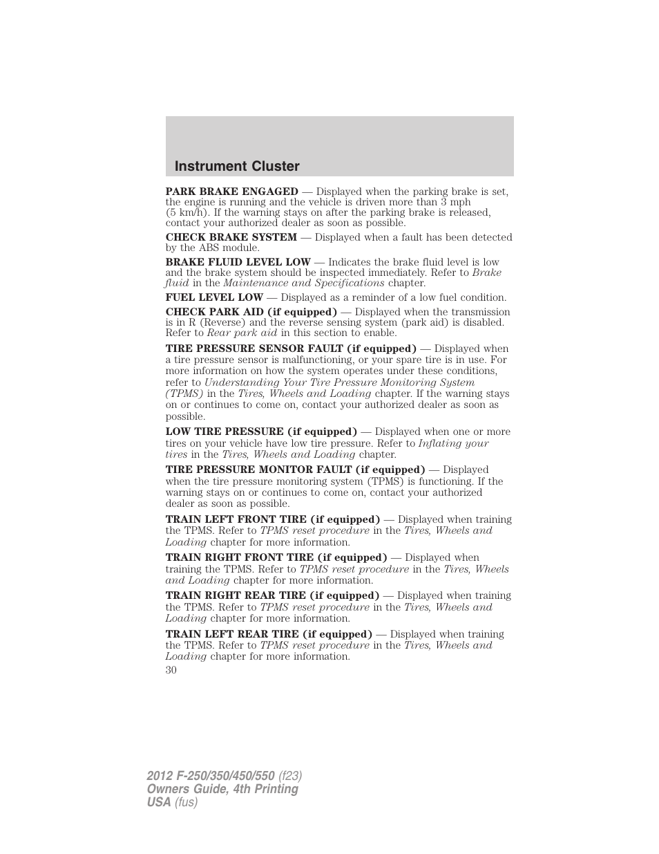 Instrument cluster | FORD 2012 F-250 User Manual | Page 30 / 448