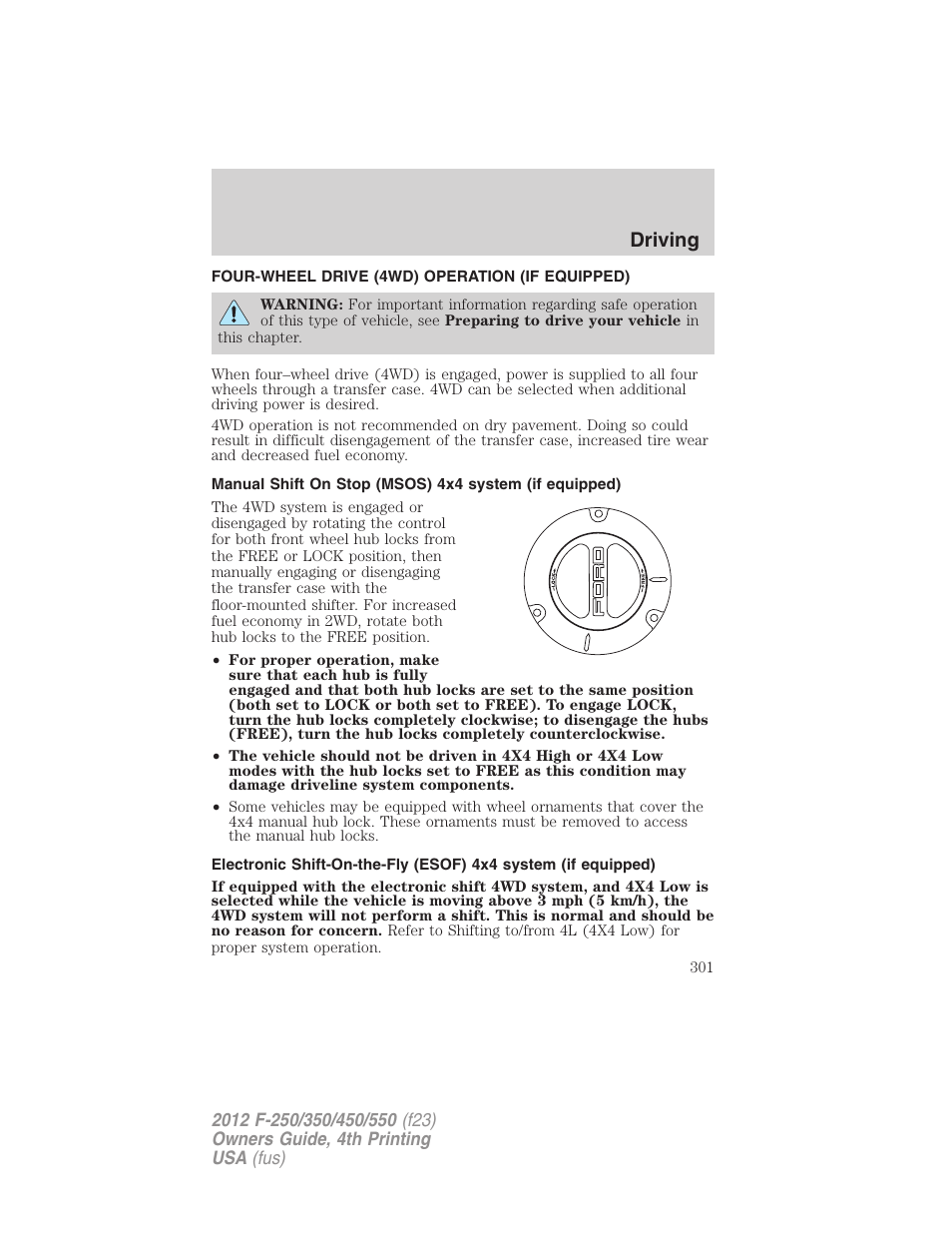 Four-wheel drive (4wd) operation (if equipped), Driving | FORD 2012 F-250 User Manual | Page 301 / 448