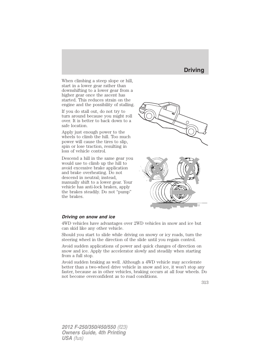 Driving on snow and ice, Driving | FORD 2012 F-250 User Manual | Page 313 / 448