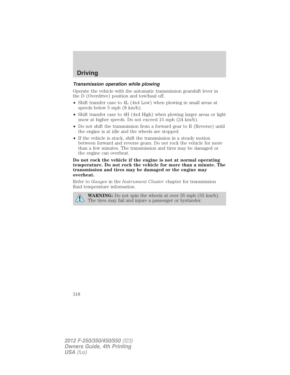 Transmission operation while plowing, Driving | FORD 2012 F-250 User Manual | Page 318 / 448