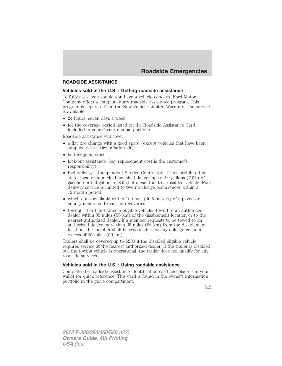 Roadside emergencies, Roadside assistance, Getting roadside assistance | FORD 2012 F-250 User Manual | Page 319 / 448