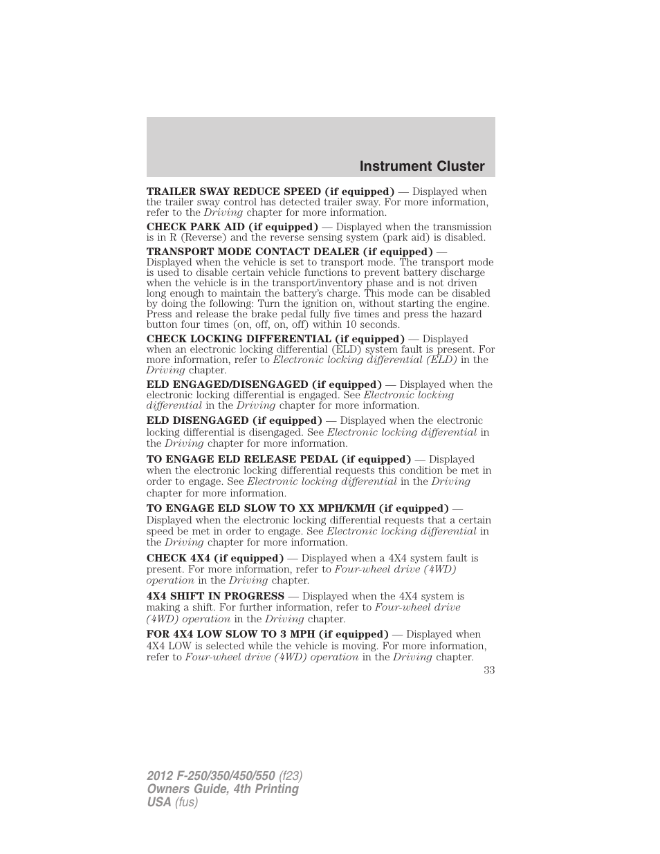 Instrument cluster | FORD 2012 F-250 User Manual | Page 33 / 448
