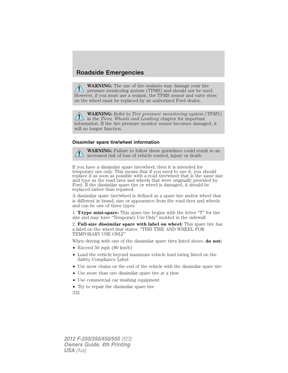 Dissimilar spare tire/wheel information, Roadside emergencies | FORD 2012 F-250 User Manual | Page 332 / 448