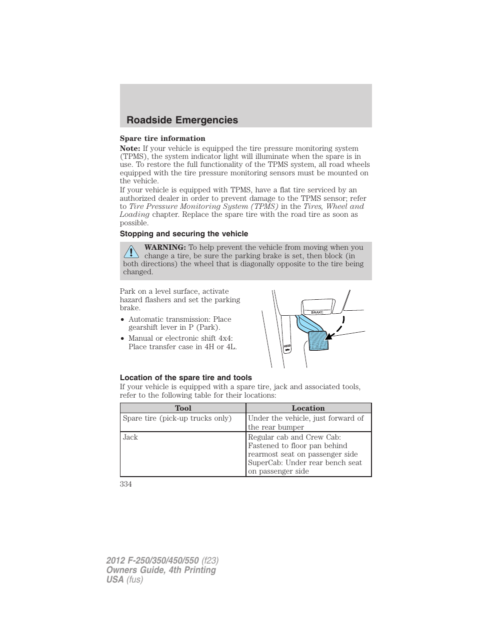 Stopping and securing the vehicle, Location of the spare tire and tools, Roadside emergencies | FORD 2012 F-250 User Manual | Page 334 / 448