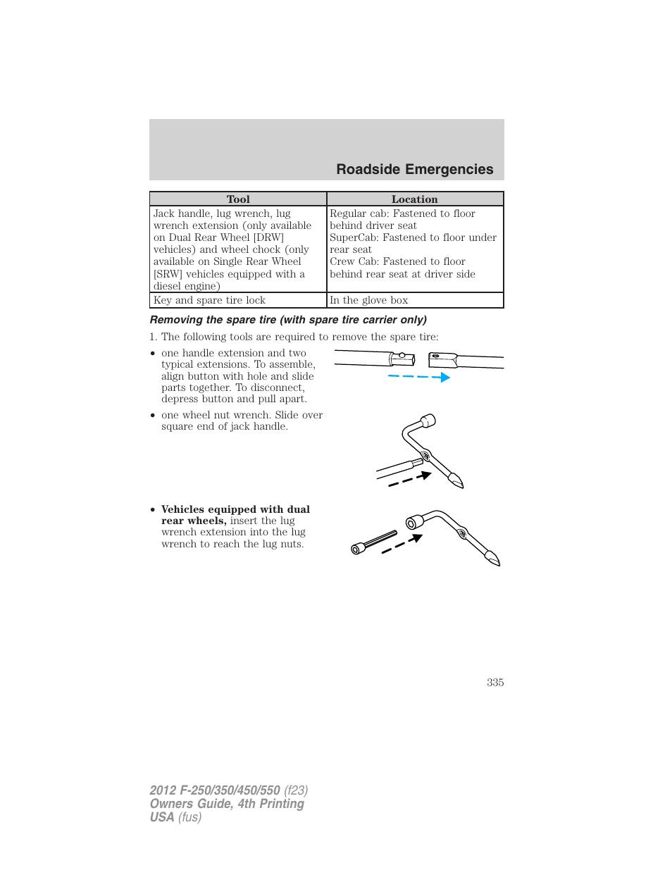 Roadside emergencies | FORD 2012 F-250 User Manual | Page 335 / 448