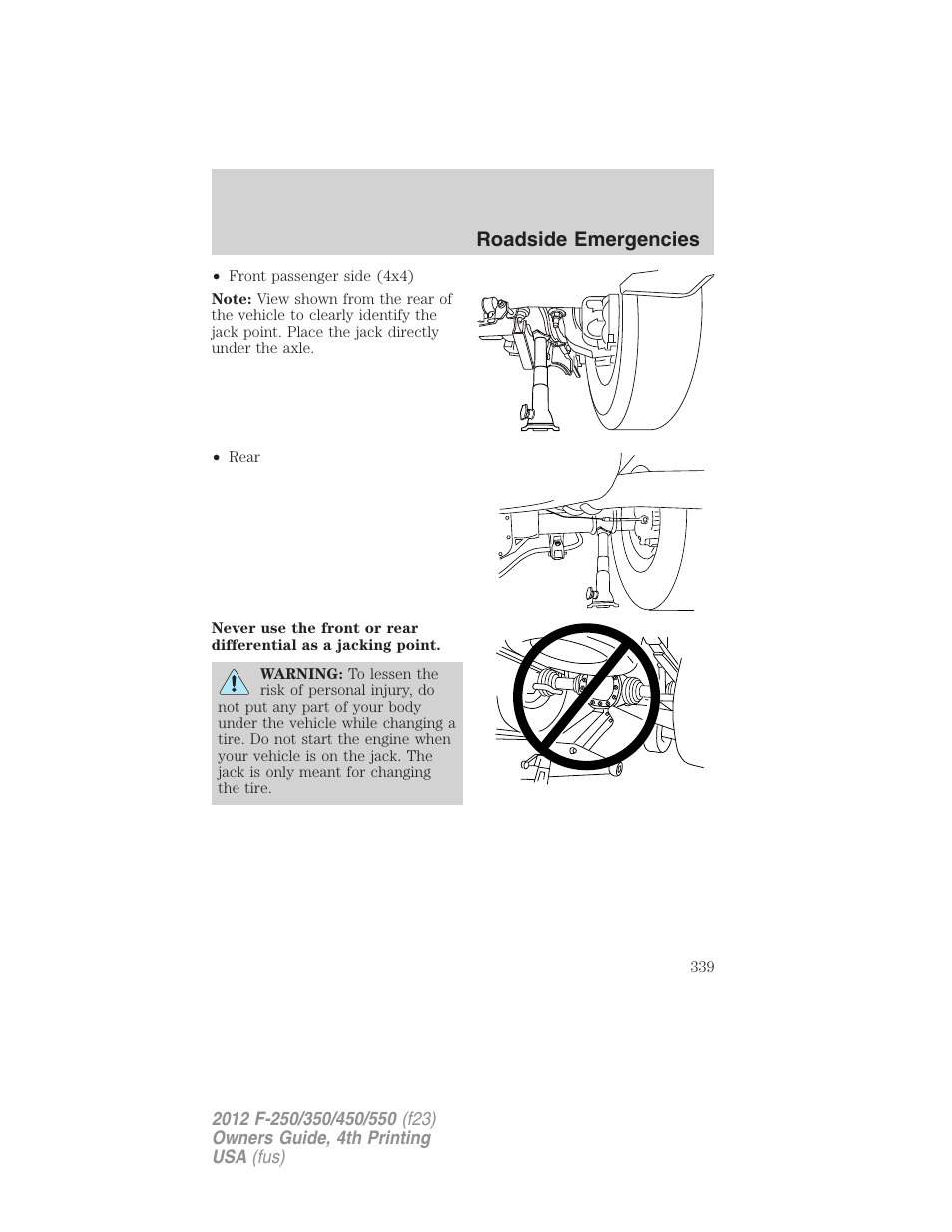 Roadside emergencies | FORD 2012 F-250 User Manual | Page 339 / 448