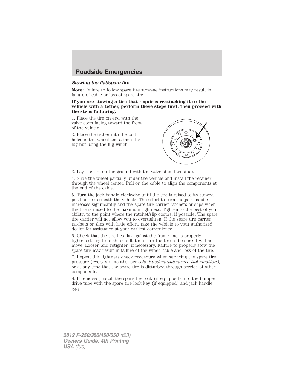 Stowing the flat/spare tire, Roadside emergencies | FORD 2012 F-250 User Manual | Page 346 / 448