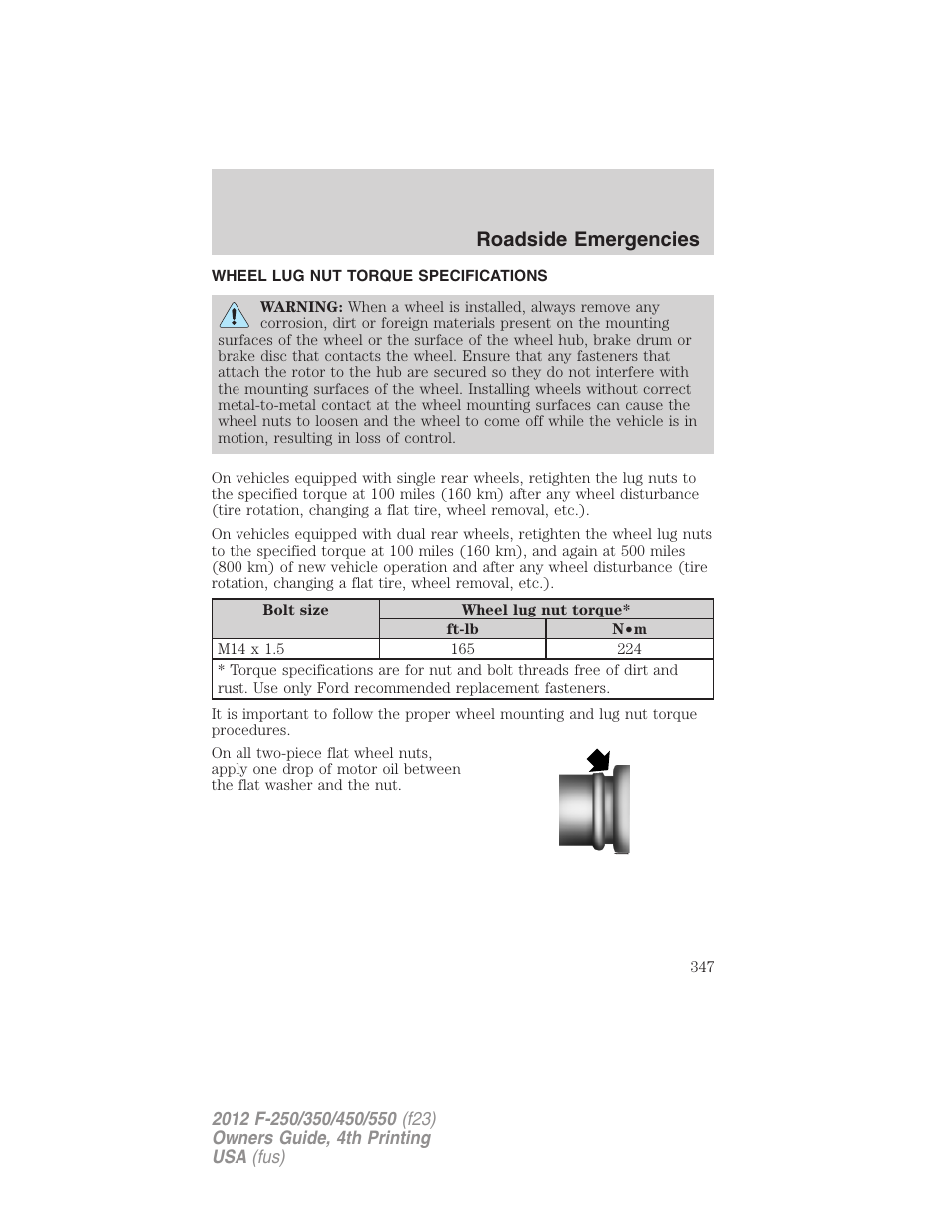 Wheel lug nut torque specifications, Wheel lug nut torque, Roadside emergencies | FORD 2012 F-250 User Manual | Page 347 / 448