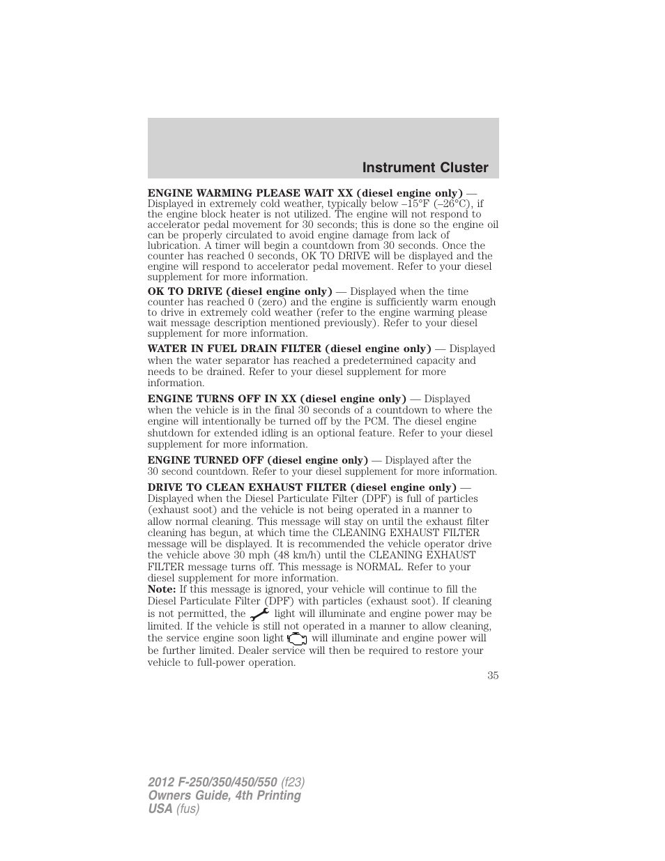 Instrument cluster | FORD 2012 F-250 User Manual | Page 35 / 448