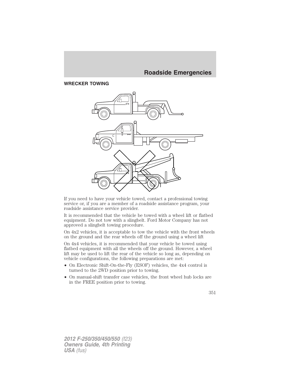 Wrecker towing, Roadside emergencies | FORD 2012 F-250 User Manual | Page 351 / 448