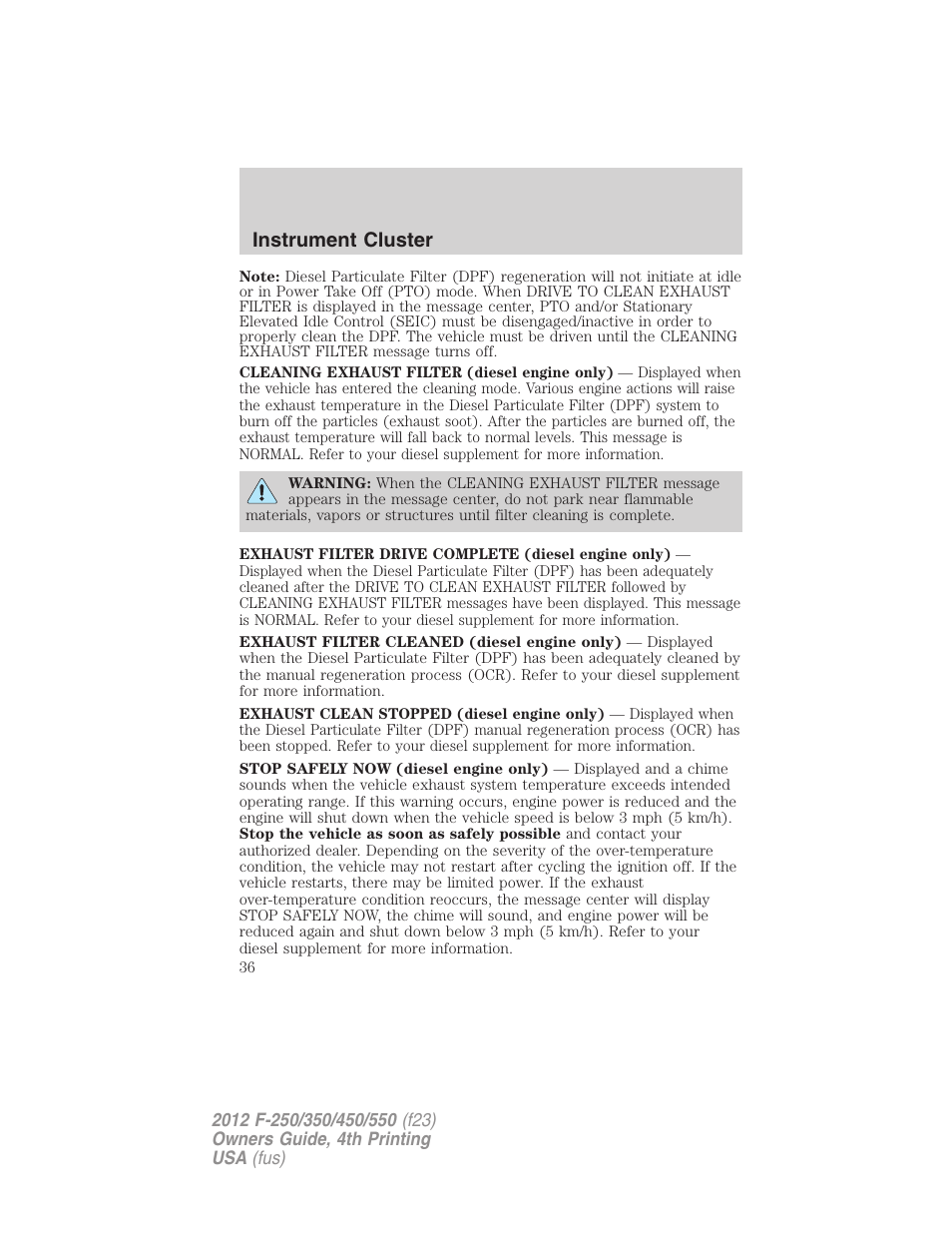 Instrument cluster | FORD 2012 F-250 User Manual | Page 36 / 448