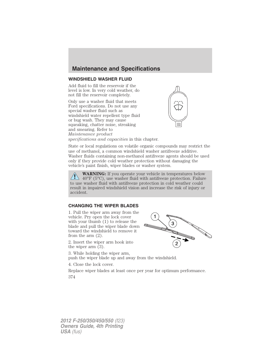 Windshield washer fluid, Changing the wiper blades, Maintenance and specifications | FORD 2012 F-250 User Manual | Page 374 / 448