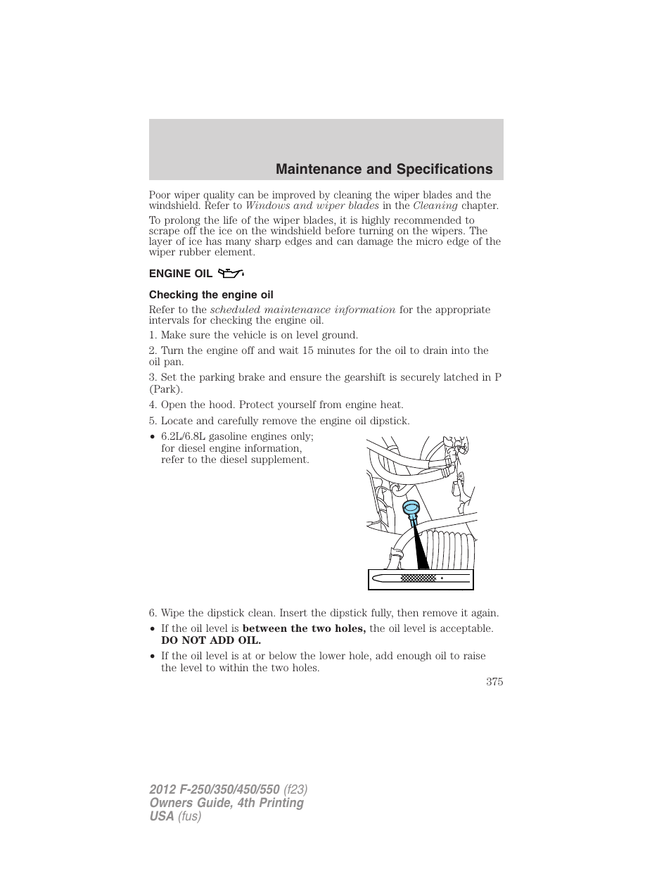 Engine oil, Checking the engine oil, Maintenance and specifications | FORD 2012 F-250 User Manual | Page 375 / 448