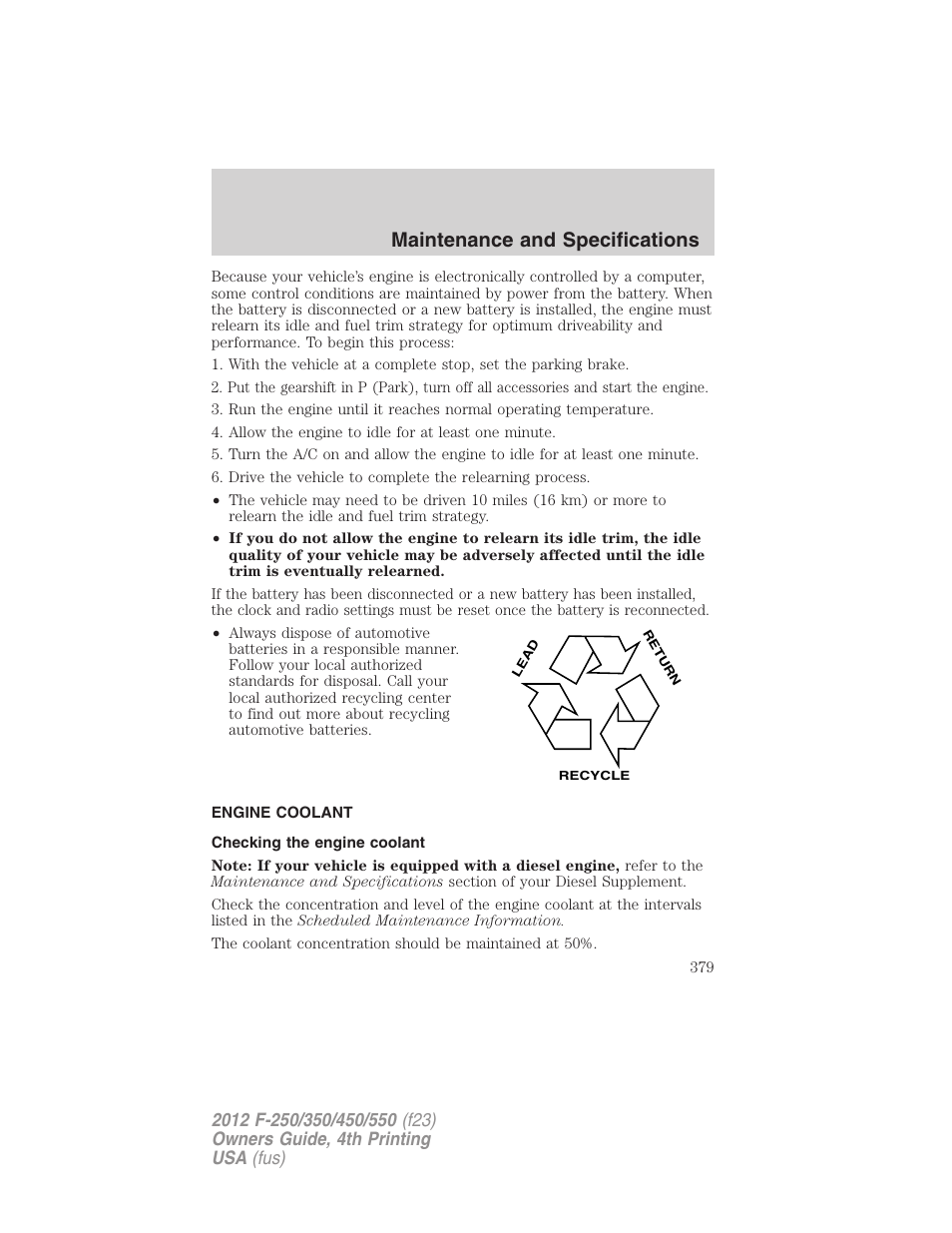 Engine coolant, Checking the engine coolant, Engine coolant check | Maintenance and specifications | FORD 2012 F-250 User Manual | Page 379 / 448