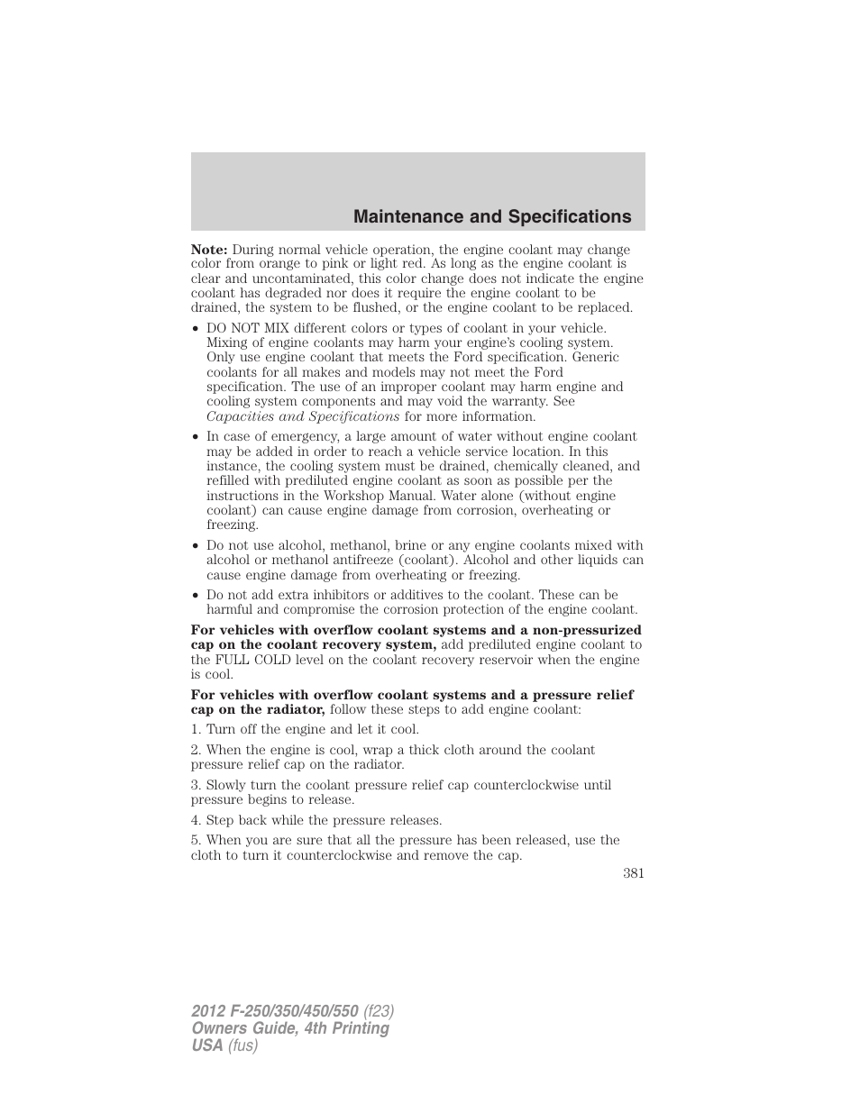 Maintenance and specifications | FORD 2012 F-250 User Manual | Page 381 / 448