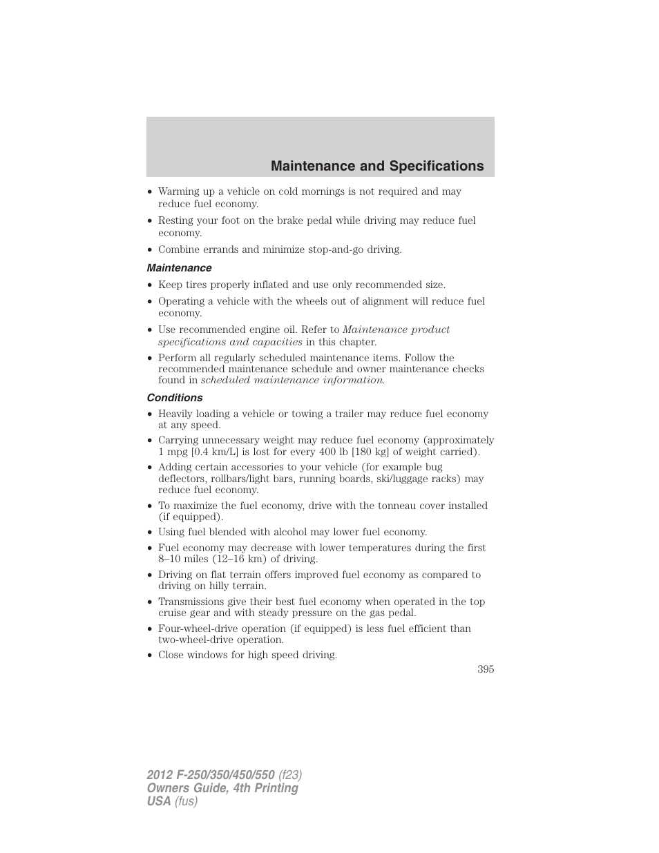 Maintenance, Conditions, Maintenance and specifications | FORD 2012 F-250 User Manual | Page 395 / 448