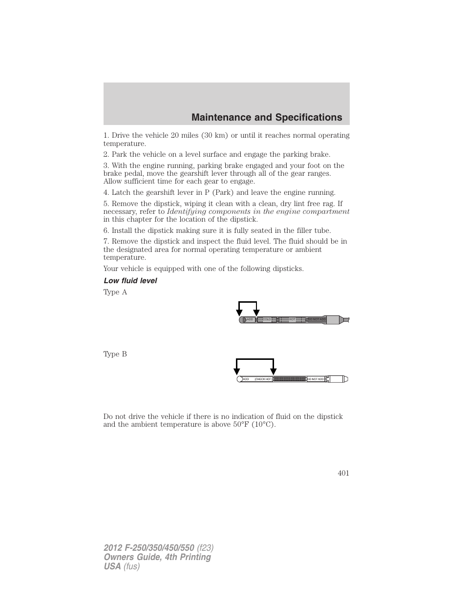 Low fluid level, Maintenance and specifications | FORD 2012 F-250 User Manual | Page 401 / 448
