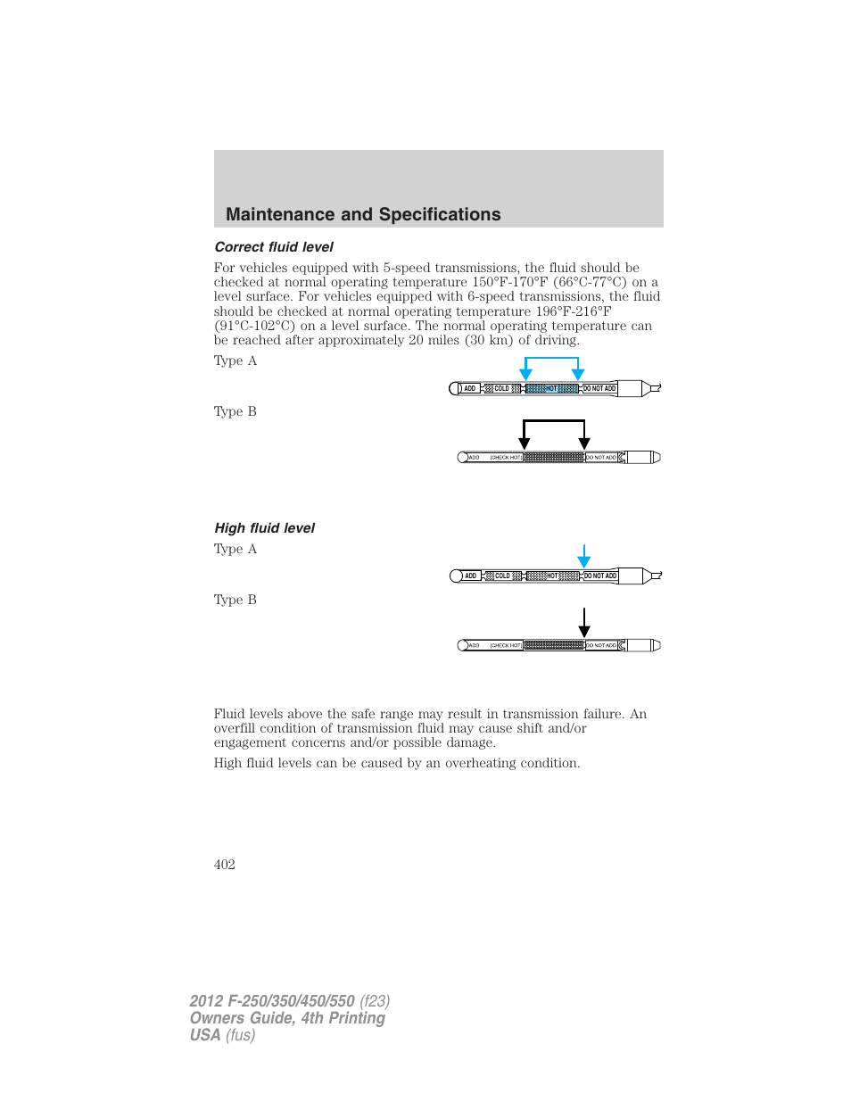 Correct fluid level, High fluid level, Maintenance and specifications | FORD 2012 F-250 User Manual | Page 402 / 448