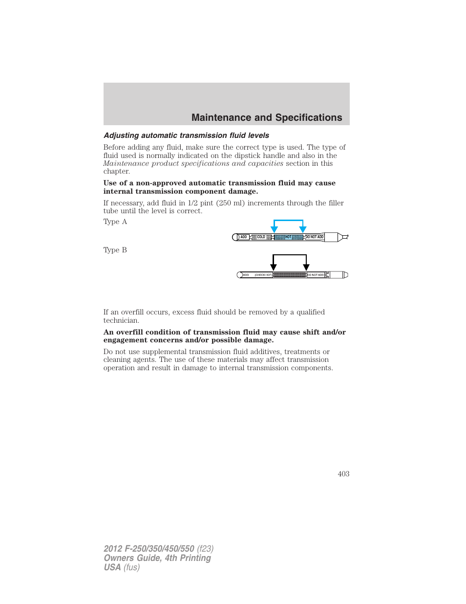 Adjusting automatic transmission fluid levels, Maintenance and specifications | FORD 2012 F-250 User Manual | Page 403 / 448