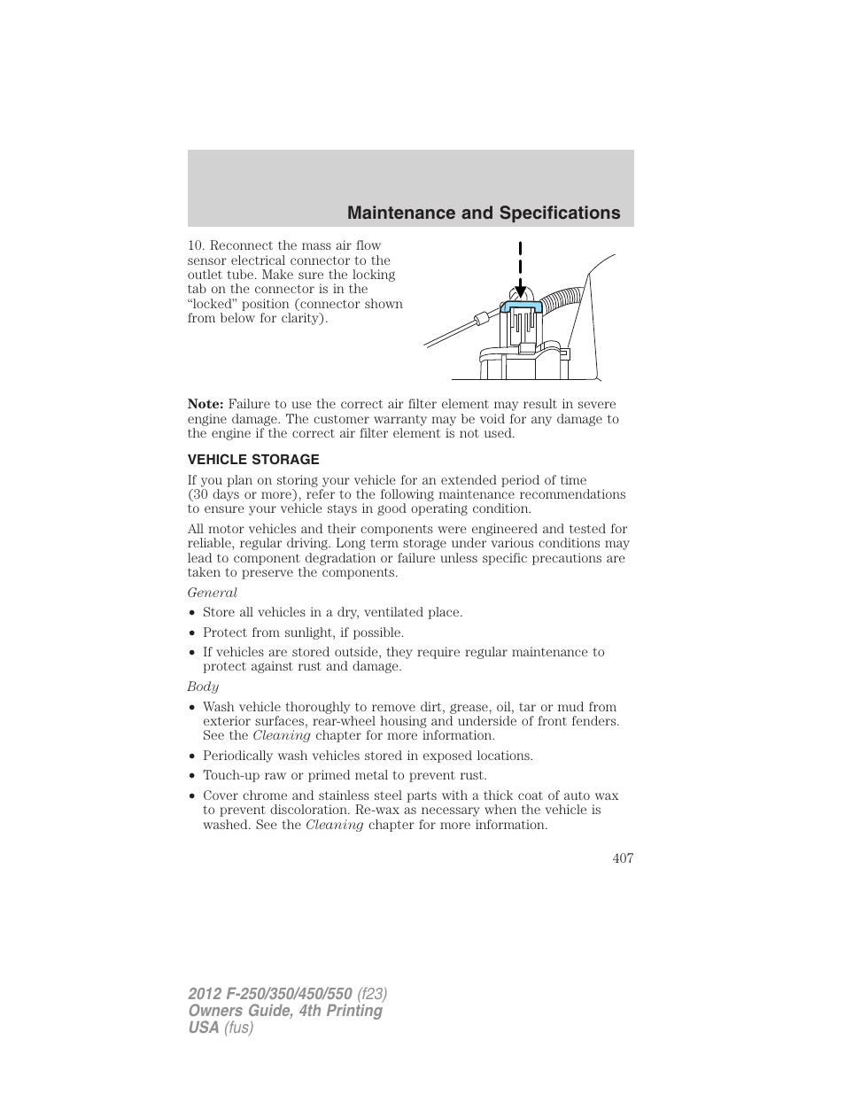 Vehicle storage, Maintenance and specifications | FORD 2012 F-250 User Manual | Page 407 / 448