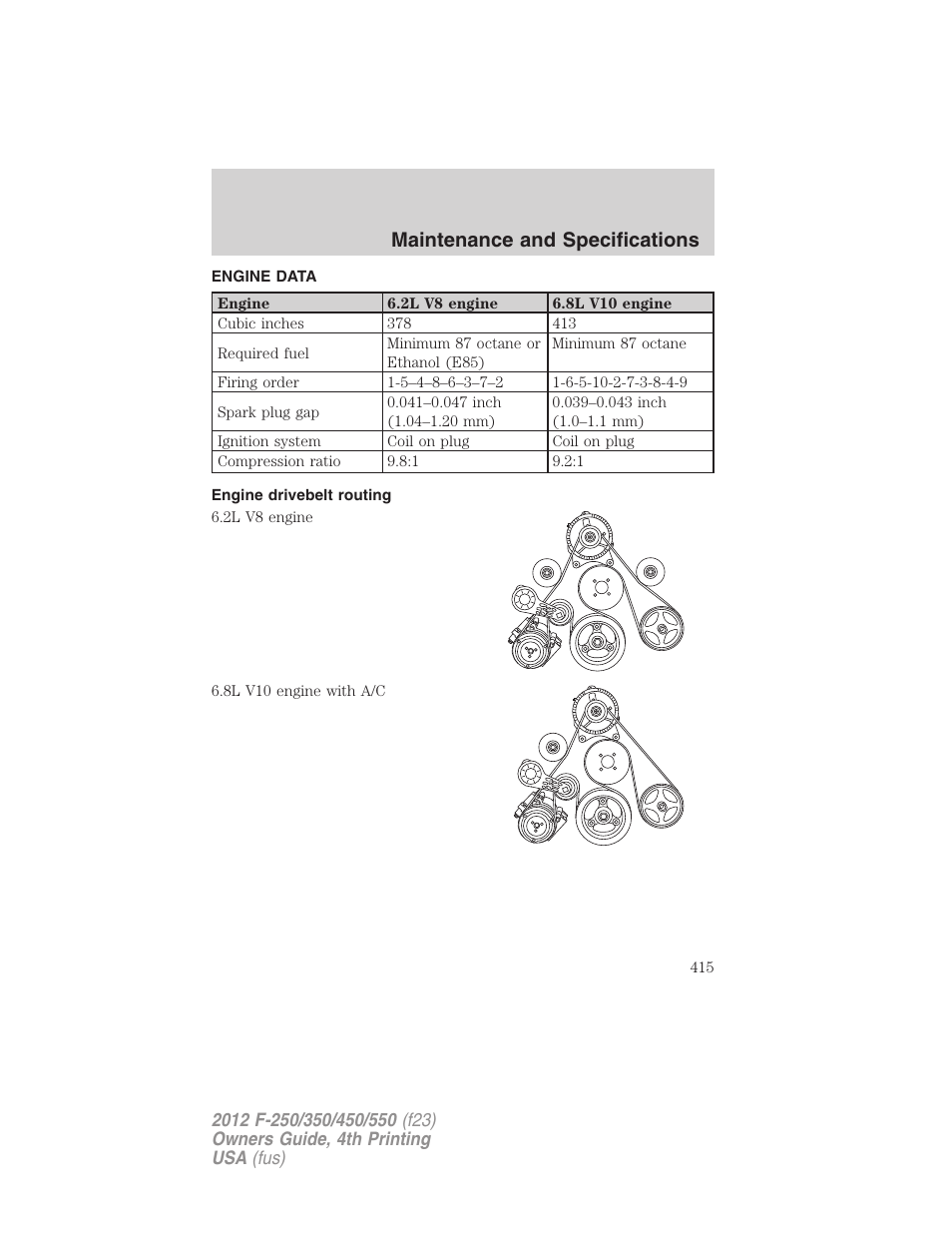 Engine data, Engine drivebelt routing, Maintenance and specifications | FORD 2012 F-250 User Manual | Page 415 / 448