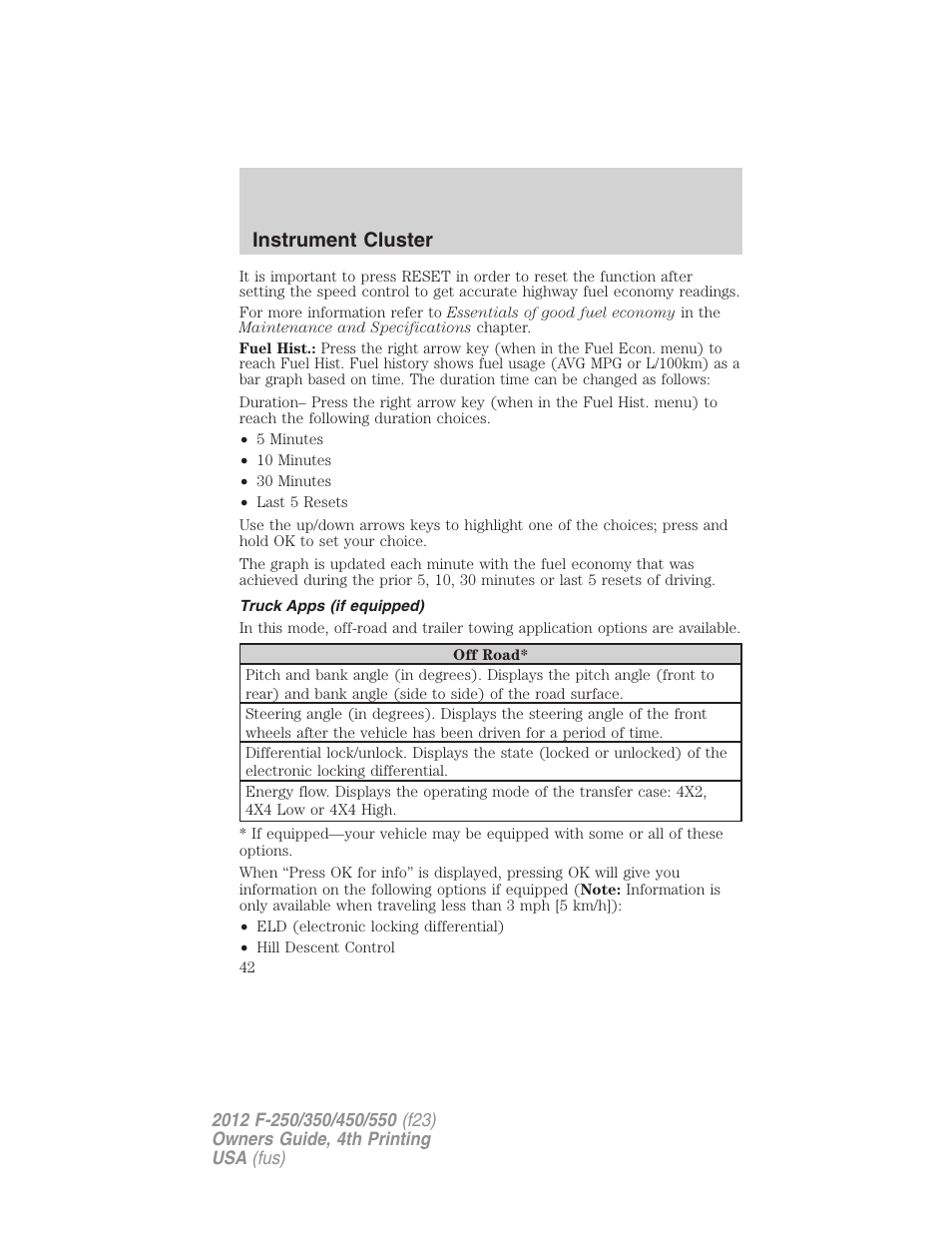 Truck apps (if equipped), Instrument cluster | FORD 2012 F-250 User Manual | Page 42 / 448