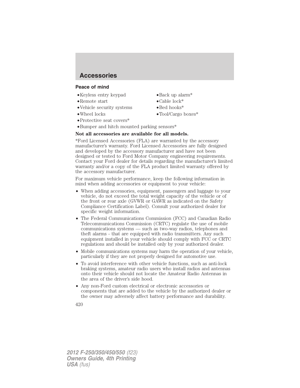 Peace of mind, Accessories | FORD 2012 F-250 User Manual | Page 420 / 448