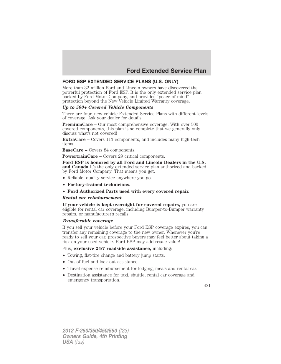 Ford extended service plan, Ford esp extended service plans (u.s. only) | FORD 2012 F-250 User Manual | Page 421 / 448