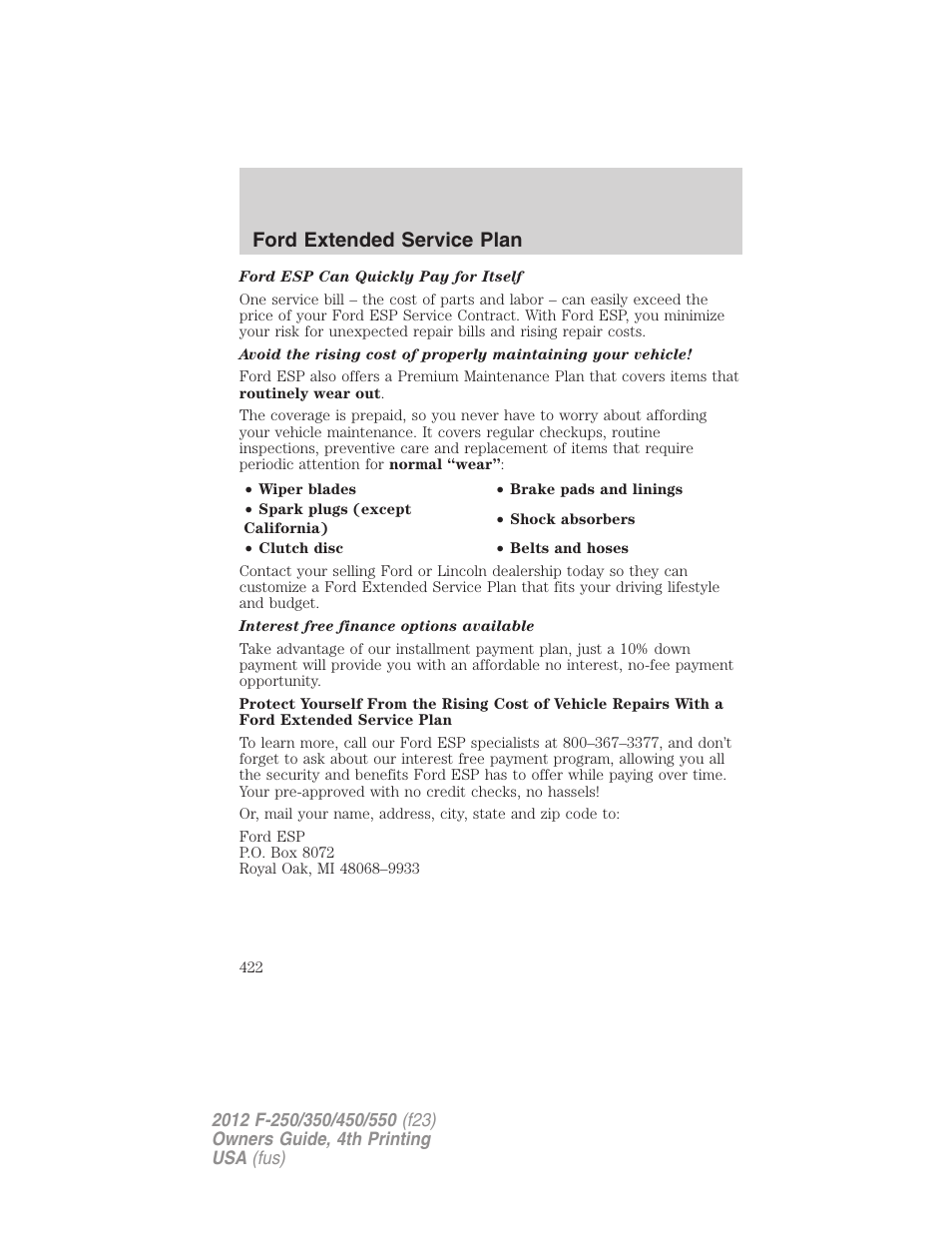 Ford extended service plan | FORD 2012 F-250 User Manual | Page 422 / 448