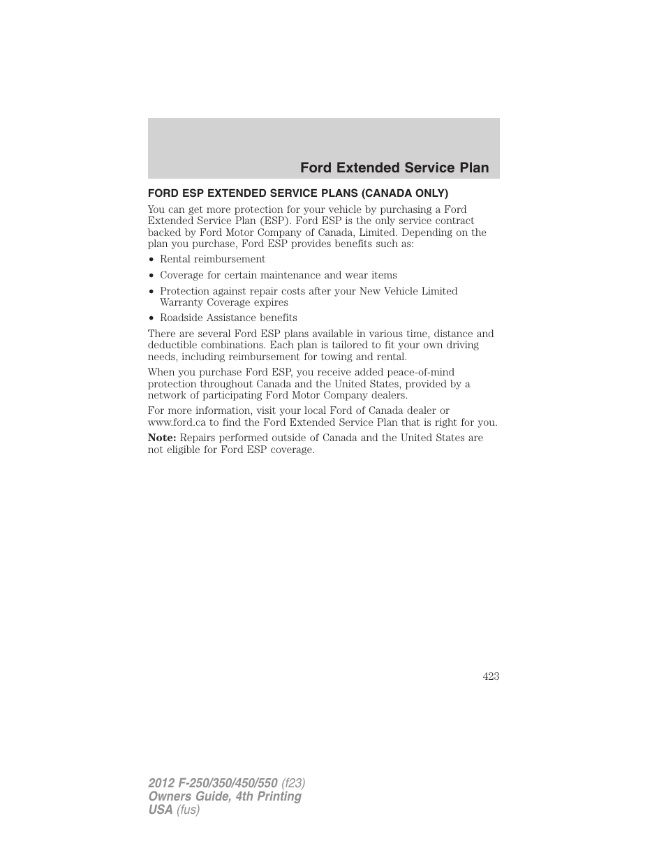 Ford esp extended service plans (canada only), Ford extended service plan | FORD 2012 F-250 User Manual | Page 423 / 448