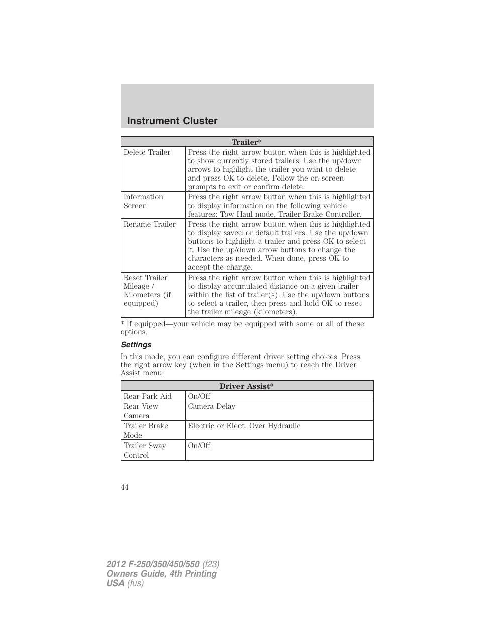 Settings, Instrument cluster | FORD 2012 F-250 User Manual | Page 44 / 448