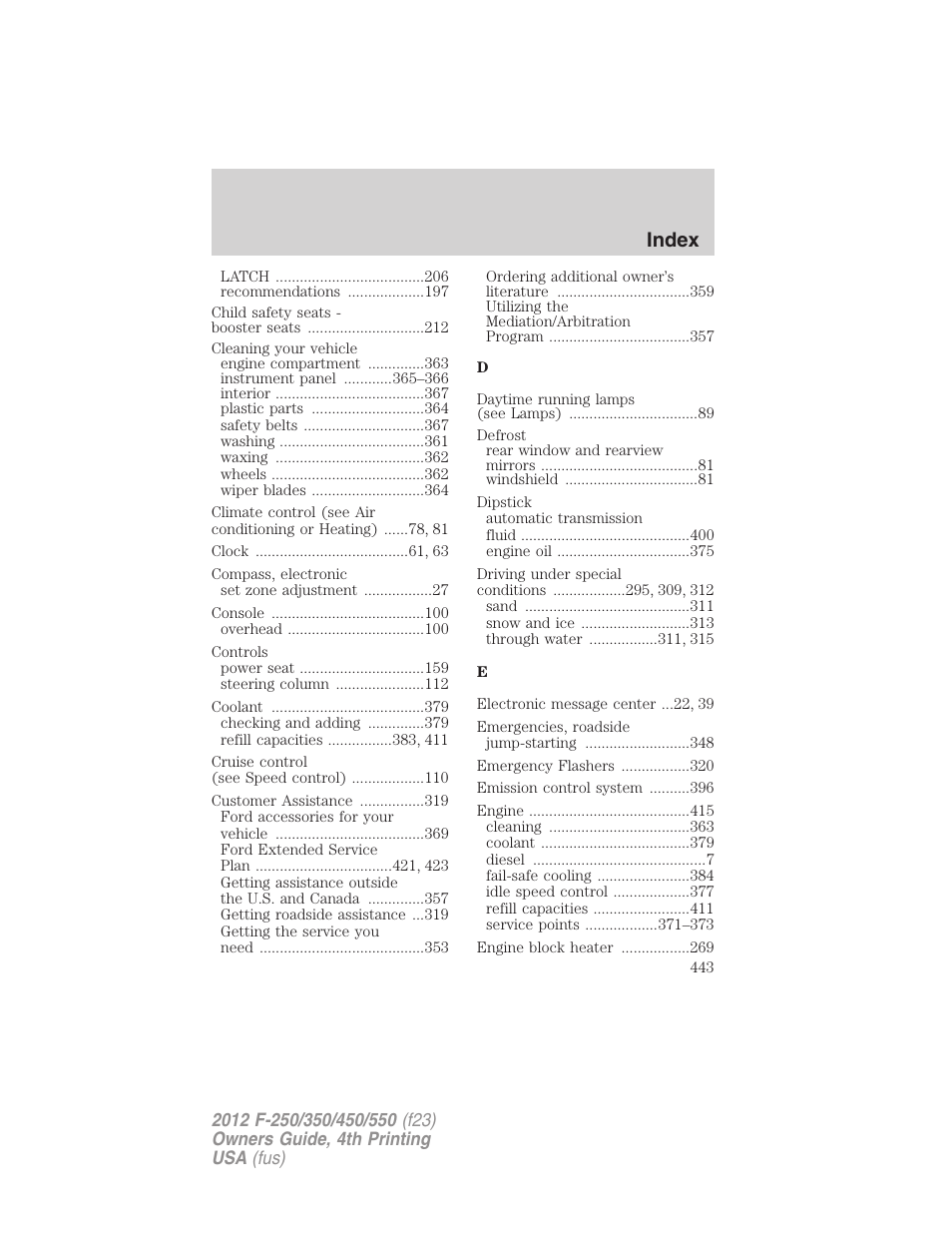 Index | FORD 2012 F-250 User Manual | Page 443 / 448