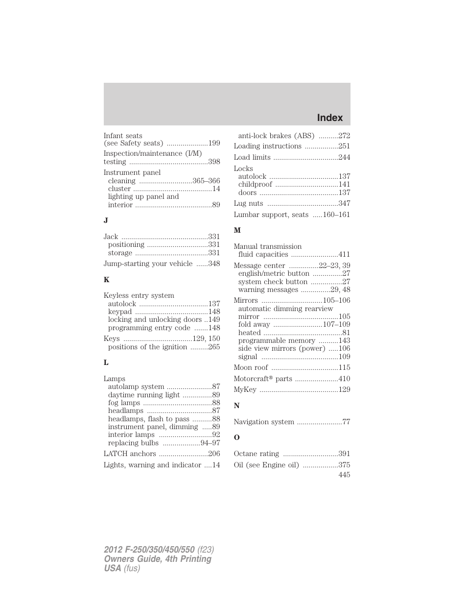 Index | FORD 2012 F-250 User Manual | Page 445 / 448