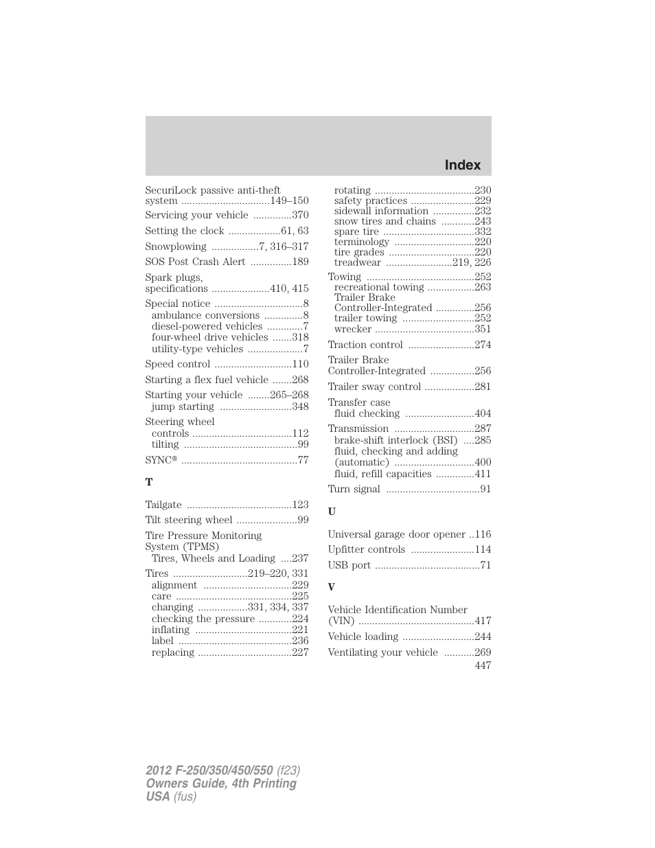Index | FORD 2012 F-250 User Manual | Page 447 / 448