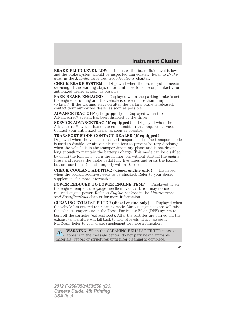 Instrument cluster | FORD 2012 F-250 User Manual | Page 49 / 448