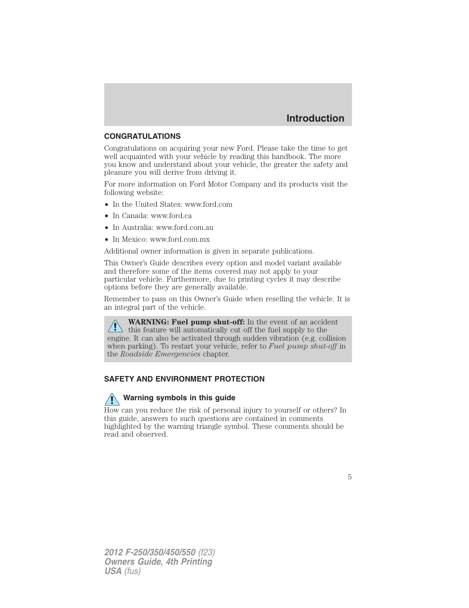 Introduction, Congratulations, Safety and environment protection | Warning symbols in this guide | FORD 2012 F-250 User Manual | Page 5 / 448