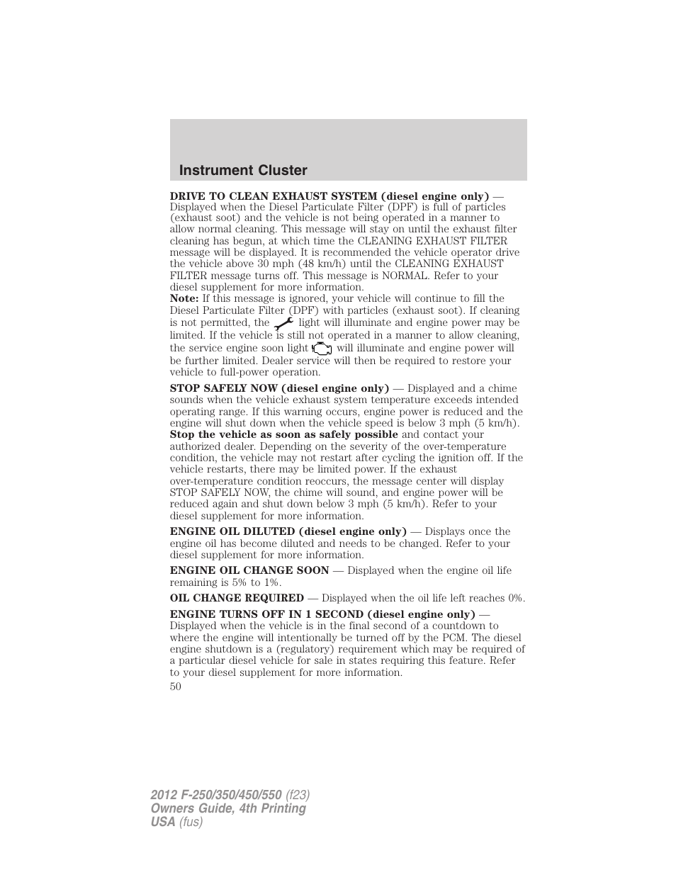 Instrument cluster | FORD 2012 F-250 User Manual | Page 50 / 448