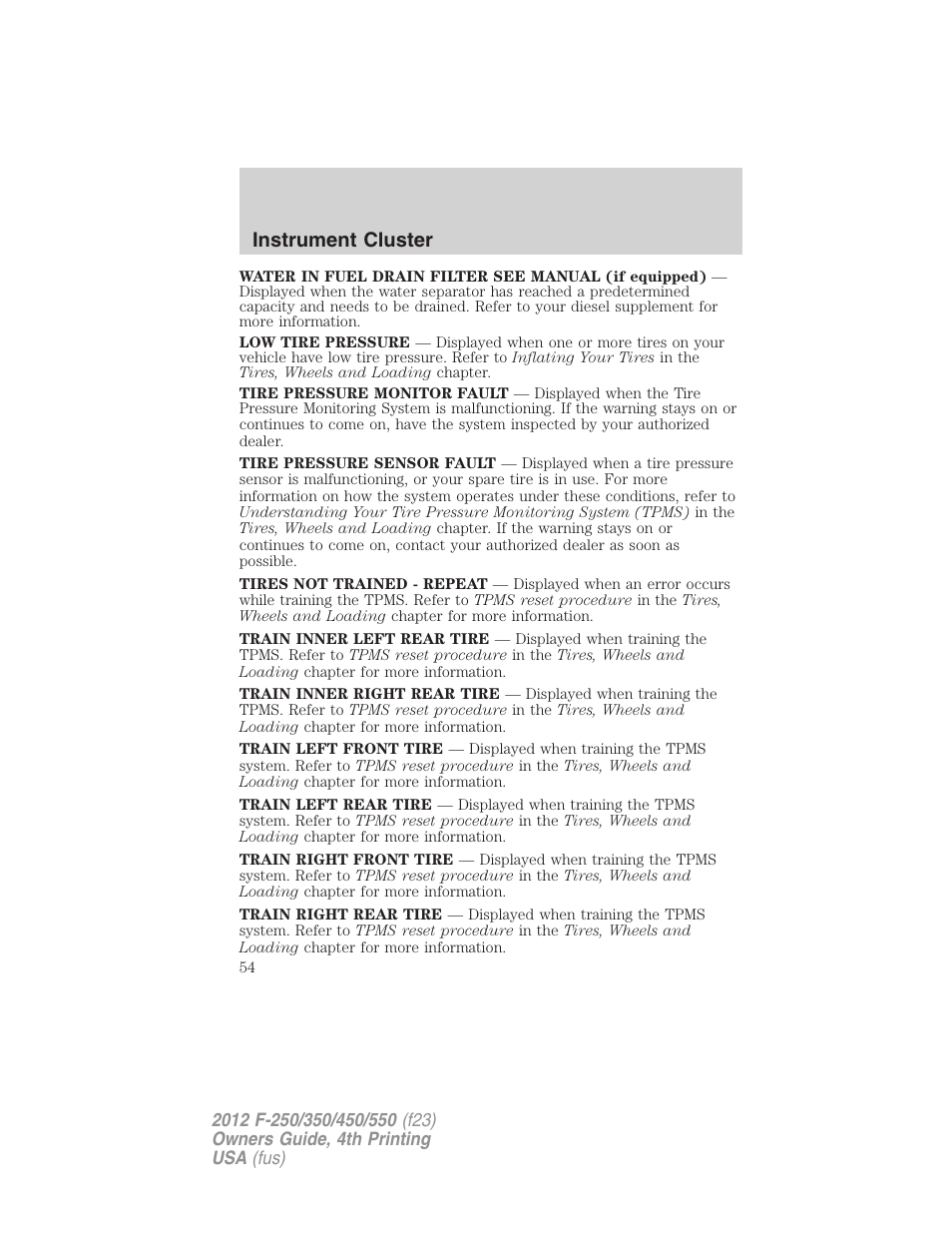 Instrument cluster | FORD 2012 F-250 User Manual | Page 54 / 448