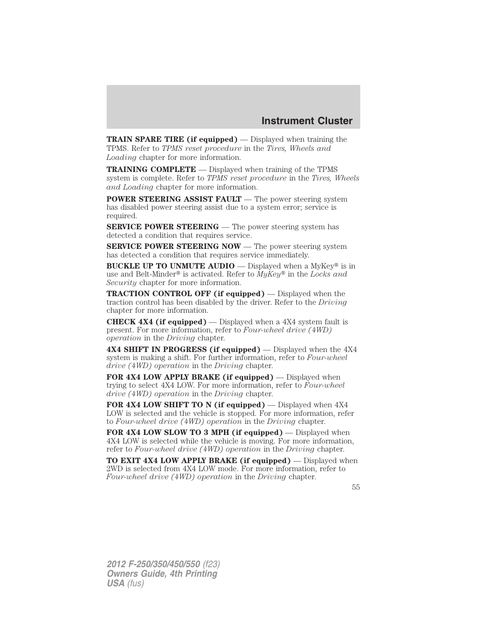 Instrument cluster | FORD 2012 F-250 User Manual | Page 55 / 448