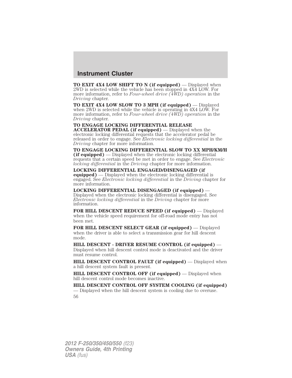 Instrument cluster | FORD 2012 F-250 User Manual | Page 56 / 448